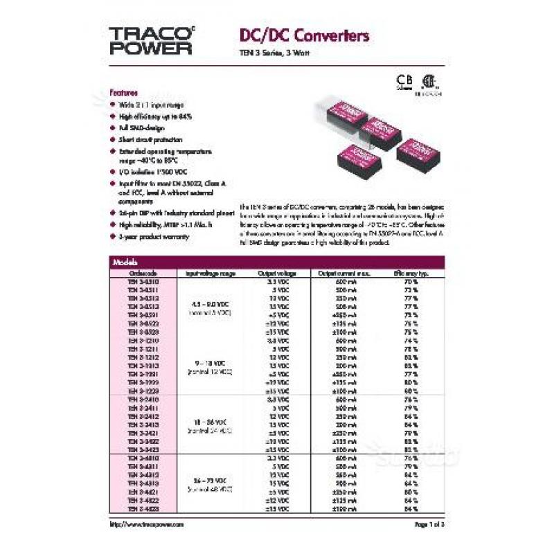 Convertitore TEN3-1222 cc-cc, 3W 1,5kW